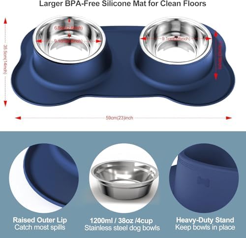 AsFrost Dog Food Bowls Stainless Steel Dog Bowls, Food Water Bowl Set with No Spill Non-Skid Silicone Mat, Dog Dish Double Pet Feeder Bowls for Small Medium Sized Large Dogs Cats Puppy, Blue