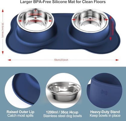 AsFrost Dog Food Bowls Stainless Steel Dog Bowls, Food Water Bowl Set with No Spill Non-Skid Silicone Mat, Dog Dish Double Pet Feeder Bowls for Small Medium Sized Large Dogs Cats Puppy, Blue