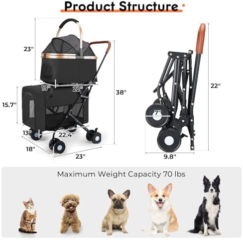 Double Pet Stroller for Small Medium Dogs - 4 In1 Dog Stroller for 2 Pets, Detachable and Foldable with 360°Rotating Wheels, Easy Assembly and Compact Size (Black)