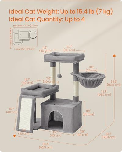 Feandrea Cat Tree, 33.8" Cat Tower, Scratching Posts and Ramp, Dove Gray