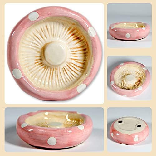 Ceramic Mushroom Hamster Hideout with Food Bowl, Small Animal House(Pink)