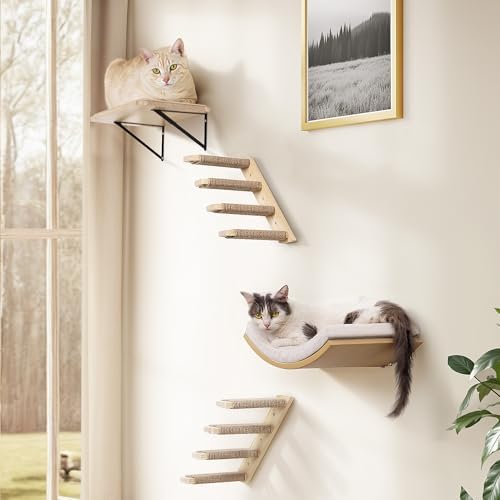 4-PCS Cat Wall Shelves with Curved Bed, Flat Shelf and 2 Four-Step Ladders