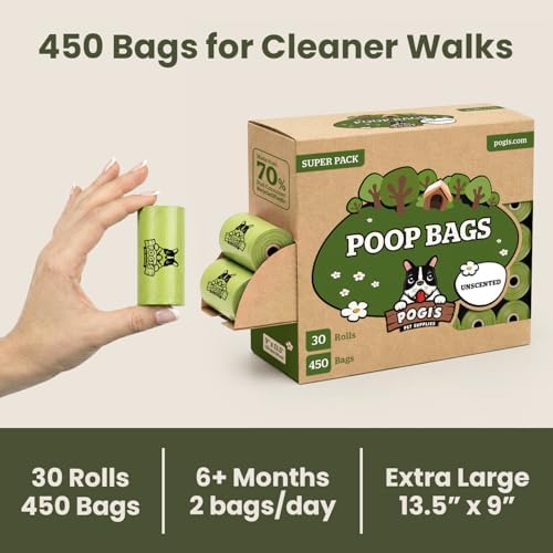 Pogi’s Dog Poop Bags – Leak-Proof & Extra Thick Pet Waste Bags (Unscented, 30 Rolls, 450-Count)