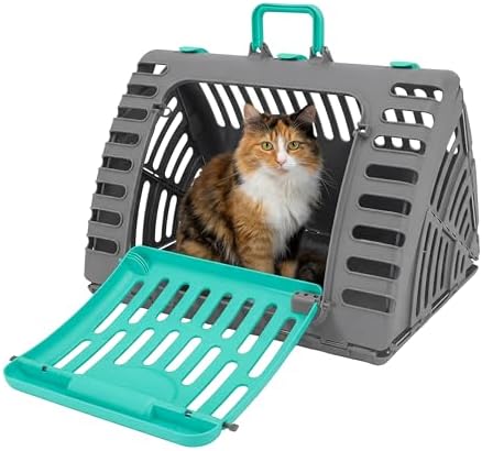 SportPet X-Large Hard-Sided Travel Cat Carrier - Cat Carrier with Patented Wide Side-Opening Door, Foldable Portable Pet Carrier for Cats & Small Pets up to 35lbs - Dark Gray/Teal