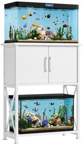 Herture 5-10 Gallon Fish Tank Stand, Metal Double Aquarium Stand with Cabinet for Fish Tank Accessories Storage, Heavy Duty 20.5" L* 11.02" W Tabletop, 500LBS Capacity White PG06YGW