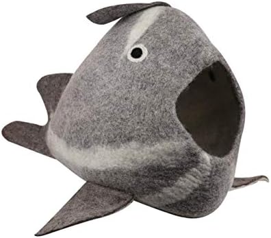 Whale Cat Cave — Felt Cat Cave Bed, Funny Cute Cat Bed, Handmade Wool Cat Cave for Indoor Cats, Fits 1 Large or 2 Small Cats, 20 x 14.5 Inch, Natural Wool Cat Hideaway