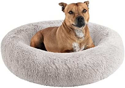 Friends Forever Serena Donut Memory Foam Orthopedic Dog Bed, Soft Faux Fur Oval Cat Couch For Indoor Pet, Fluffy Calming Plush Shag, Round Raised Bolster Cushion, Machine Washable Cuddler, Grey