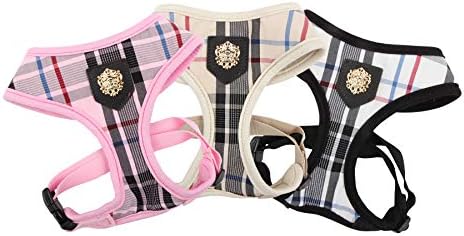 Puppia Junior Over-The-Head Dog Harness Checkered Pattern No Choke No Pull Adjustable Chest Belt Walking Training for Small and Medium Dog, Small, Beige