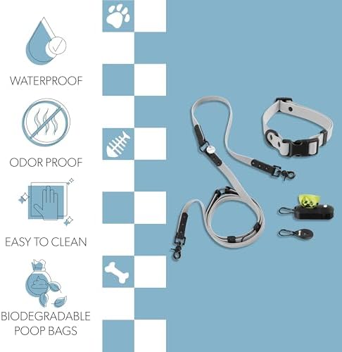 Medium Luna 8FT Adjustable 6-in-1 Waterproof Hands-Free Leash and Collar Set with LED Flashlight, Waste Bag Dispenser, and Poop Bag Holder, Gray Black, Martini WLK1005N-5SET