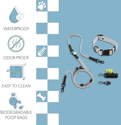 Medium Luna 8FT Adjustable 6-in-1 Waterproof Hands-Free Leash and Collar Set with LED Flashlight, Waste Bag Dispenser, and Poop Bag Holder, Gray Black, Martini WLK1005N-5SET