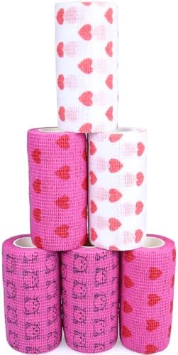 Self Adhesive Bandage Wrap Animal Cohesive Bandage Self Adherent Wrap First Aid Tape for Dogs Cats Horses Birds & Wrist Healing Ankle Sprain (4 Inch Heart 6 Rolls)