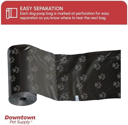 Downtown Pet Supply Poop Bags for Dogs with Dispenser, 180 Count - Leak-Proof Dog Waste Bags and Bone-Shaped Dog Poop Bags Holder for Leash - Black with Paw Prints, 12.5" x 8.5"