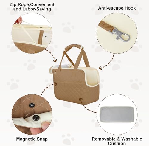 YooxArmor Dog Purse Carrier for Small Dogs & Cats, Foldable Soft Tote for 5-14lbs Pets, Large Pockets, Safety Leash & Removable Mat for Walking Shopping Outdoor, Khaki