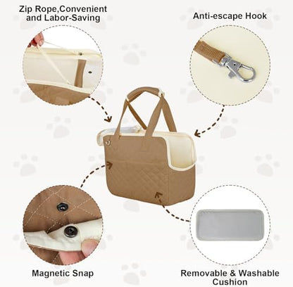 YooxArmor Dog Purse Carrier for Small Dogs & Cats, Foldable Soft Tote for 5-14lbs Pets, Large Pockets, Safety Leash & Removable Mat for Walking Shopping Outdoor, Khaki