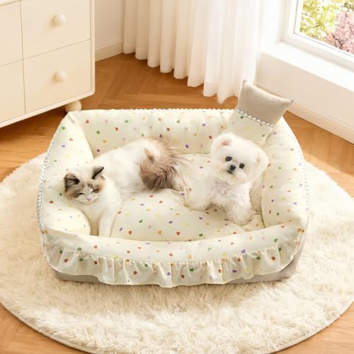 Jiupety Dog Beds for Medium Dogs Cozy & Soft Cat Bed Removable Washable Cat Bed with Slip-Resistant Bottom Pet Beds with Pillow, Beige 30"x24"
