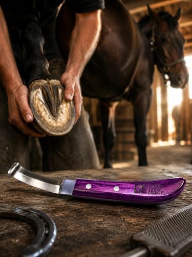 Right-Hand Double Edge Farrier Hoof Knife, J2 420 Magnetic Stainless Steel Blade, Ergonomic Purple Handle, Horse Hoof Trimming Tool for Sole & Frog Paring
