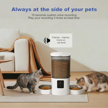 ANDOLL HOME 2.4G/5G Automatic Cat Feeder, 6L WiFi Cat Food Dispenser with 10s Voice Recorder, Double Bowl Pet Feeder up to 10 Meals per Day, Timed Feeder with Dry Food Sealed Ring (White)