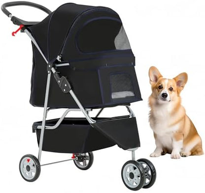 BestOffice Pet Stroller for Small Medium Dogs & Cats, 3-Wheel Foldable Dog Stroller with Cup Holder, Lightweight Travel Carrier, Waterproof Design for Outdoor Walks, Black