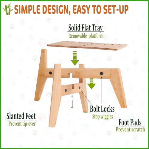 Dog Water and Food Dispenser Stand for Medium Dogs - Adjustable, Bamboo