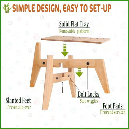 Dog Water and Food Dispenser Stand for Medium Dogs - Adjustable, Bamboo