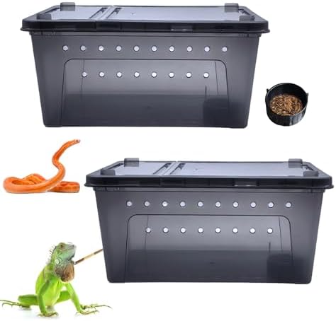 PINVNBY Reptile Enclosure Terrarium 2-Pack - 12.6"x8.7"x5.9" Multi-Purpose Transparent Plastic Habitat Cage for Gecko Scorpion Spider Snake Breeding Feeding & Cricket Keeper with Ventilated Lid, Black