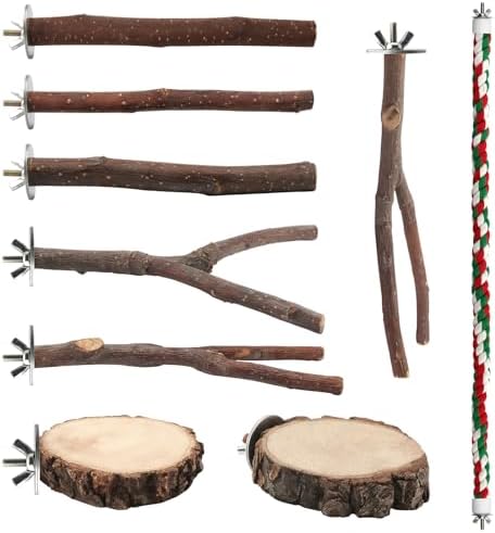 9 Pcs Apple Wood Bird Perch, Platform & Rope Set for Cage