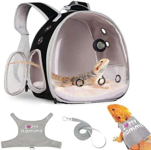 Reptile Travel Backpack Carrier with Reptile Thermometer and Humidity Gauge & Harness Leash Lizard Travel Cage Space Capsule Clear Bubble Window Astronaut Bearded Dragon Bag for Ball Python