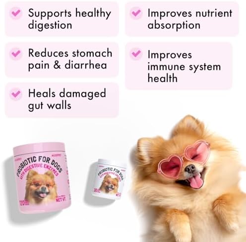 Probiotics for Dogs Natural Digestive Enzymes Prebiotics for Allergy Itch Relief Gut Flora Coprophagia Bowel Support Treatment Anti Diarrhea for Dogs Pet Health Immune System Support 120 Soft Chews