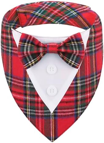 ADOGGYGO Christmas Dog Tuxedo Bandana, Red Plaid Pet Chritstmas Collar with Bowtie, Adjustable Christmas Costume for X-Large Dogs Pets (XL)