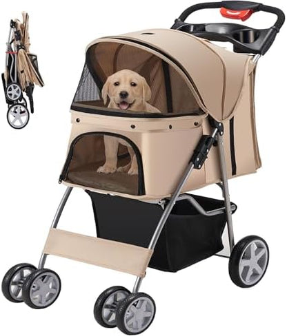 Foldable Pet Stroller 4 Wheels for Small Medium Dogs Cats,Khaki