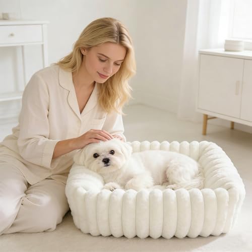 Square Cat Beds for Indoor Cats - Washable Small Dog Beds for Small Dogs, Rectangle Corduroy Fleece Pet Bed with Sides and Nonskid Bottom, Calming Fluffy Puppy Bed Soft Pet Sofa 20x19x5inchs, Cream
