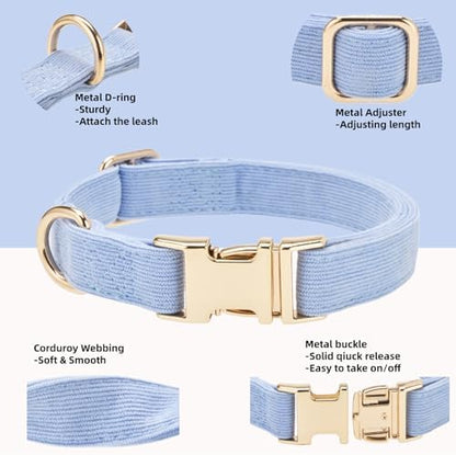 Sky Blue Soft Corduroy Dog Collar with Gold Metal Buckle, Adjustable Soft Pet Collar for Large Dogs, Comfortable & Durable(Sky Blue,Large:17-26")