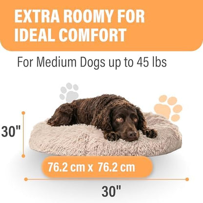 Active Pets Premium Medium Donut Dog Bed, Fits Up to 45 lbs, Machine Washable Cushion, Plush Long Pile Faux Fur Fabric, Portable Beige Pet Bed Furniture for Puppies Adult Canines & Cats