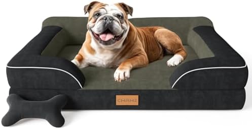 CWAWZ Dog Beds for Large Dogs, Orthopedic Dog Bed with Cooling Gel Memory Foam, Waterproof Large Pet Bed with Removable Washable Cover, 36" Pet Sofa Couch Dutch Velvet with Bone Toy, Black