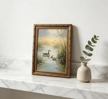 Vintage Gold Framed Duck Wall Art, Pond Ducks Oil Painting Canvas Print, Miniature Bird Wall Decor, Antique Animal Mallard Picture Poster, Rustic Farmhouse Artwork for Nursery Bedroom Living Room