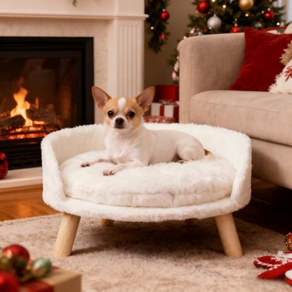 Elevated Dog Bed: Raised Dog Bed Round with Cozy Pad Waterproof - Nordic Wooden Doggie Sofa Bed with Sturdy Wood Legs Anti Slip for Medium Dogs Rabbit