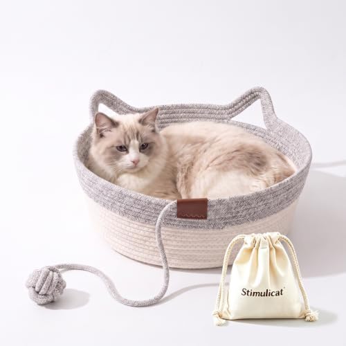 Handwoven Cat Basket Bed, Natural Cotton Rope Cat Bed with Hanging Ball Toy, Breathable Woven Cat Nest,Scratchable Basket for Sleeping, Playing and Relaxing (Grey Large(15-31lbs |19" Wide))