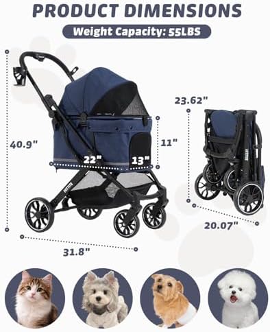HITTITE Pet Stroller with Weatherproof Cover, All-Terrain 4-Wheel Cat & Dog Stroller with Adjustable Canopy, Foldable Dog Strollers with Storage Basket for Small to Medium Dogs Up to 55 lbs.
