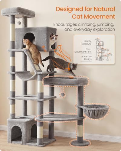 Feandrea Large Cat Tree, 74.1" Tall Sturdy Cat Tower for Indoor, Dove Gray