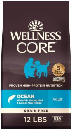 Wellness CORE Adult Dry Dog Food, Grain Free Kibble, Natural, High Protein, Chicken Free, Whitefish, Herring and Salmon Recipe, 12 lb Bag