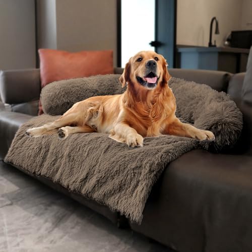 Calming Dogs/Cats Bed Mats, Dog Pad Washable Removable Couch Cover, Plush Long Fur Mat for Pets, Waterproof, Perfect for Small, Medium and Large Dogs and Cats (Desert Brown, 45"x37"x 6.0")