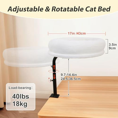Sunhoo Cat Desk Bed 360° Rotating Height Adjustable Desktop Mount Hammock Kitten Perch Easy Setup Kitty Nest Table Clamp-on Attachment for Indoor Cats Washable 17" Diameter Hold Up to 40lbs（White）