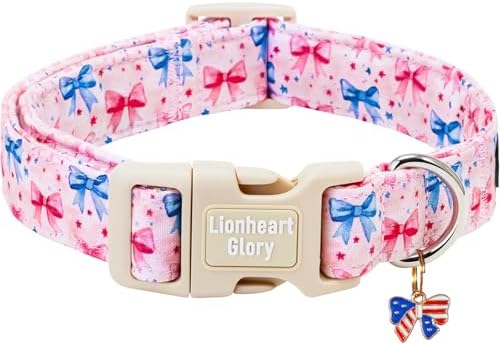 Lionheart glory Patriotic Flag Dog Collar - 4th of July American Flag Dog Collars,Pink Bow Pattern Adjustable Pet Collar for Small Dogs Male Female Dogs Summer Pet Collars