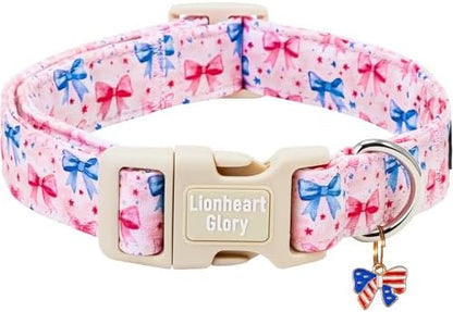 Lionheart glory Patriotic Flag Dog Collar - 4th of July American Flag Dog Collars,Pink Bow Pattern Adjustable Pet Collar for Small Dogs Male Female Dogs Summer Pet Collars