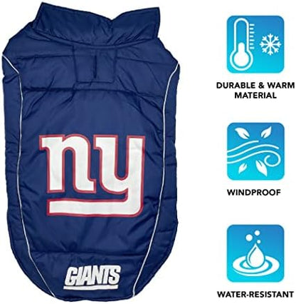 NFL New York Giants Puffer Vest for Dogs & Cats, Size Medium. Warm, Cozy, and Waterproof Dog Coat, for Small and Large Dogs/Cats. Best NFL Licensed PET Warming Sports Jacket