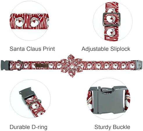 Dog Collar Christmas Holiday Santa Claus Print Pet Collar Soft Cute Dog Collars with Flower Adjustable Metal Buckle Collar for Medium Dogs