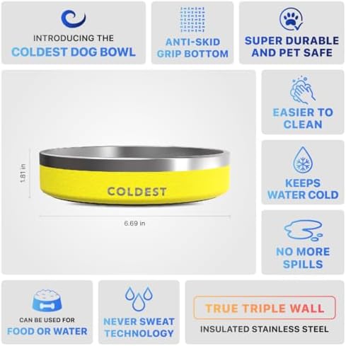 Coldest Dog Bowl - Anti Rust Metal, Non Slip, 3 Layers Insulated Stainless Steel Dog Bowls - Spill Proof & Heavy Duty - Water Bowl for Dogs, Cats & Pets, Dish Washer Safe (21 oz, Solar Yellow)