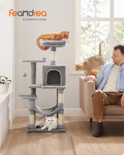 Feandrea Cat Tree, 44.1-Inch Cat Tower, Multi-Level Condo, Light Gray