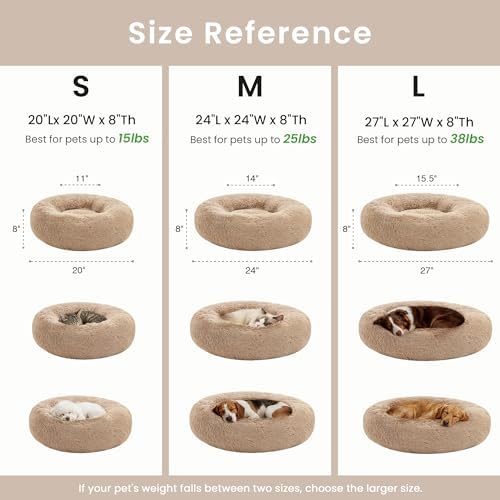 Love's cabin Calming Cat Bed for Indoor Cats, Anti-Anxiety Donut Round Dog Bed,Fluffy Faux Fur Washable Pet Bed for Small Medium Dogs and Cats, Taupe, 24in
