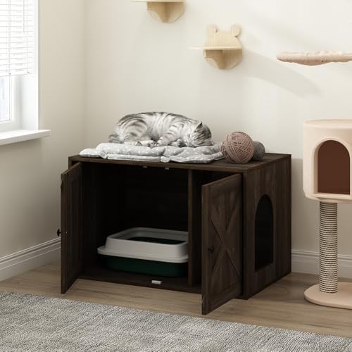 Furinno PELI Cat Litter Box Enclosure, Farmhouse Hidden Litter Box Furniture with Side Entrance, Wooden Pet House with Slatted Door, Easy Assembly, for Living Room, Ebony